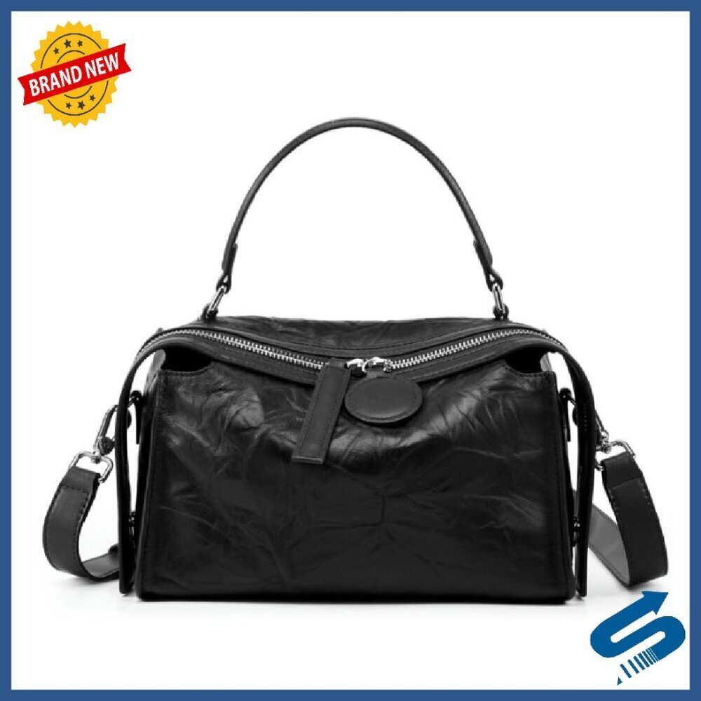 Vintage Crinkled Leather Crossbody Bag Adjustable Strap Satchel Purse